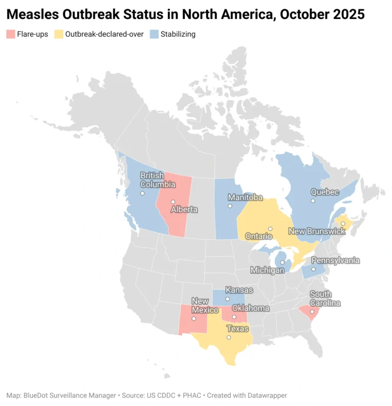 Measles outbreak status NA October 2025